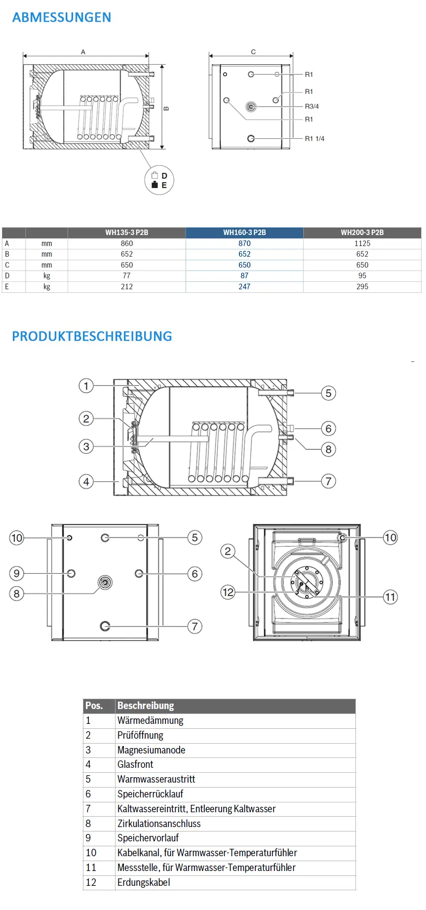 Warmespeicher von Bosch, Diagramm mit technischen Maßen und Anschlüssen. Sichtbare Komponenten wie Magnesiumanode, Einspeisungen und Kabelkanäle sind abgebildet.